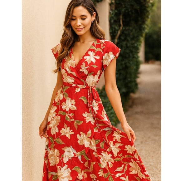 Lulus Coral Tropical Floral Short Sleeve Wrap Maxi Dress M - Picture 2 of 12